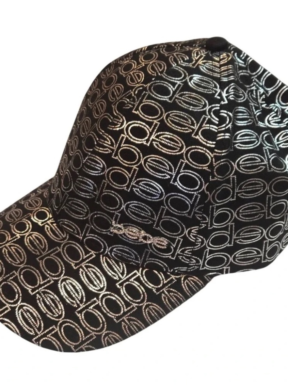 Bebe Gold Metallic All Over Logo Rhinestone Baseball Cap Hat